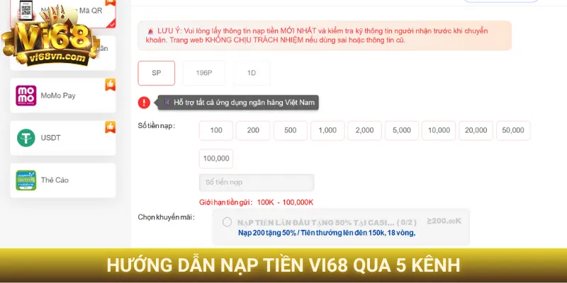 Hướng dẫn nạp tiền Vi68 trong 3 phút, nhận thưởng lớn 1 Hướng dẫn nạp tiền Vi68 qua 5 kênh
