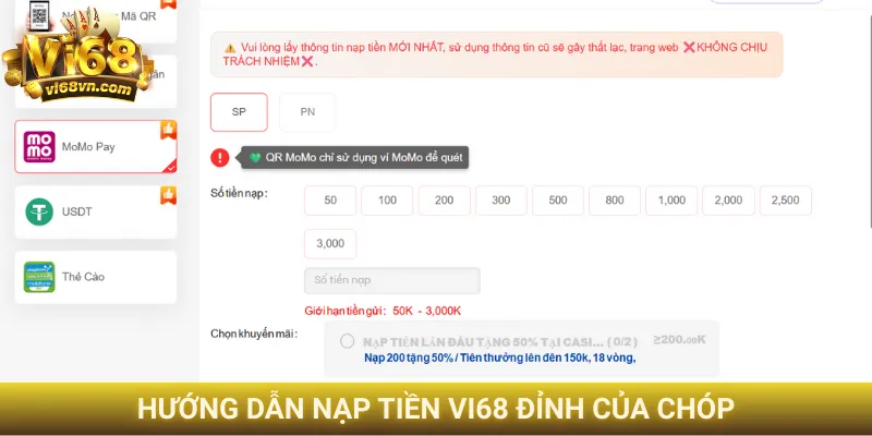 Hướng dẫn nạp tiền Vi68 trong 3 phút, nhận thưởng lớn 2 Hướng dẫn nạp tiền Vi68 đỉnh của chóp